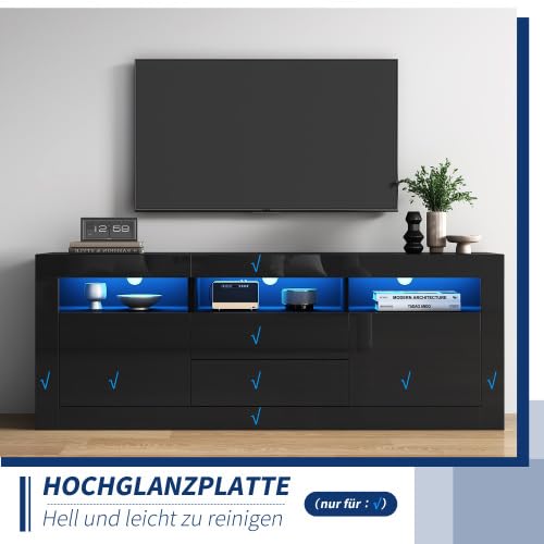 Merax 160 cm TV-Schrank mit LED-Beleuchtung, Hochglanz TV Board für 70 Zoll Fernseher, Push-to-Open Schubladen, 3 offene Fächer & Musiksteuerung, Smart App Steuerung für Wohnzimmer