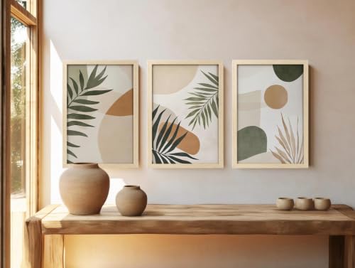 Image of BLINKART Set of 3 GREEN PALM LEAF Natural Brown Frame Painting for Wall Decoration - Modern Art Wall Decor Framed Painting for Living Room Bedroom - Framed Wall Posters /Paintings (8X12 inch)
