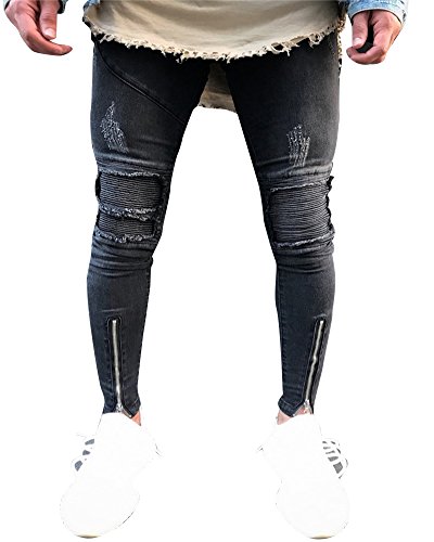 Anyu Herren Jeans Hose Denim Slim Fit Destroyed Zerrissen Jeanshosen Mit Reißverschluss Am Knöchel Schwarz 34
