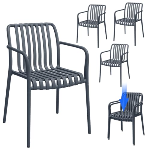 STEELSØN Pincoya Gartenstühle 4er Set – Outdoor Loungesessel Anthrazit – stapelbarer Balkonstuhl wetterfest UV-beständig – Gartensessel aus Kunststoff bis 120kg – Armlehnenstuhl Garten/Balkon/Terrasse