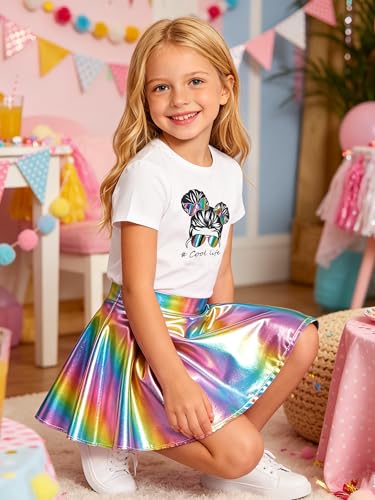 Image of Betusline Girls 2 Piece Outfits Short Sleeve Crop Top and Metallic Skater Skirt Set for Kids Dance Party Tennis, 4-14Y