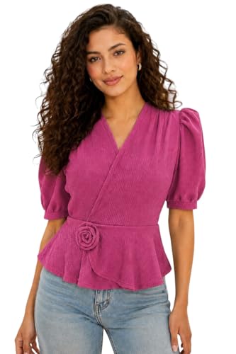 Image of IUGA Women Black Wrap Peplum Top for Women | Puff Half Sleeves V-Neck Casual Western Top | Stylish Regular Fit Tops for Girls