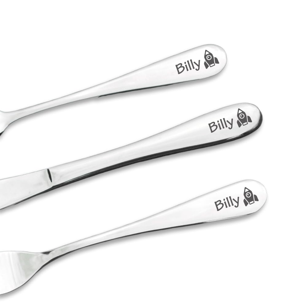 Personalised Engraved Childrens Cutlery Set Christening Birthday Kids Gift Idea (Rocket) — image 1