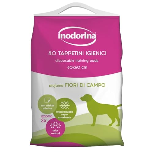 Inodorina Tappetini igienici per Cani (60x60 cm, 40 Pezzi, Fiori di Campo) – Traversine profumate Super assorbenti in Pura cellulosa Vergine – con polimeri Odor Control e Sticker Antiscivolo