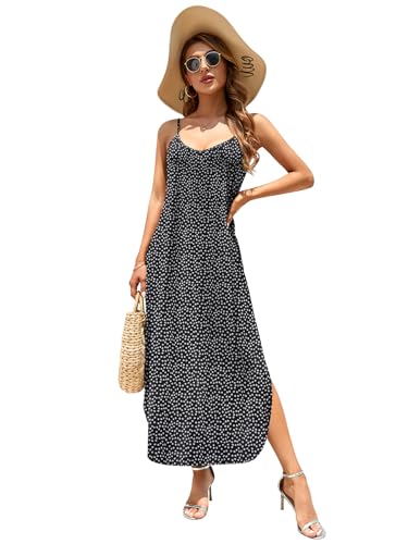 Image of HUSKARY Women's Summer Casual Sleeveless V Neck Strappy Split Loose Dress Beach Cover Up Long Cami Maxi Dresses with Pocket