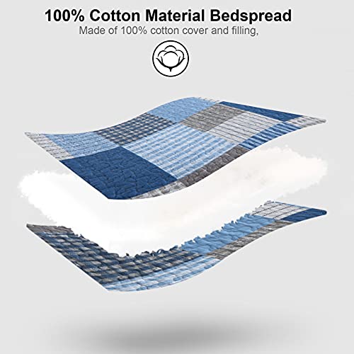 Image of PANGUSHAN King Size Quilt Set,100% Cotton King Quilt Bedding Set Bedspread,Patchwork Plaid Quilt Bedspreads for King Bed,Navy Blue /Blue Reversible Lightweight Comforter Bed Set,All Season,3 Pieces