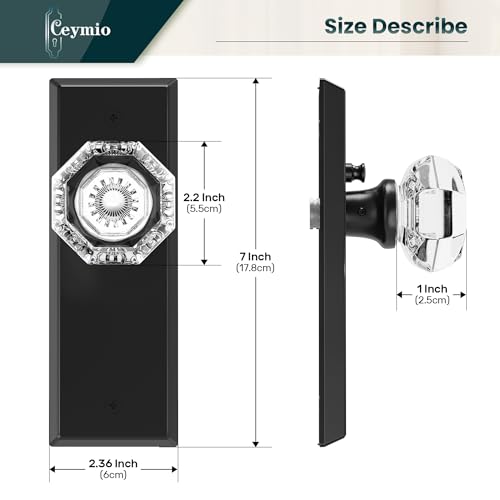 Image of Glass Door Knobs for Interior Doors - Vintage Crystal Privacy Bedroom & Bathroom Door Knob with Lock - Diamond Cut Door Handle - Matte Black Finish (1 Pack 7 Inch Height)