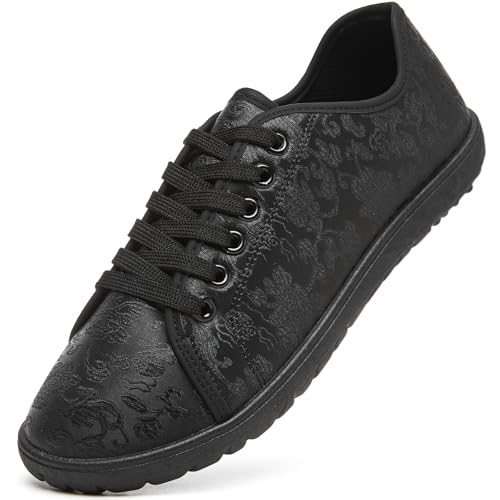 TUOPIN Women's Low Top Tennis Shoes -Black Synthetic Leather Shoes,Classic Lace-Up Denim Canvas Sneakers for Casual Walking