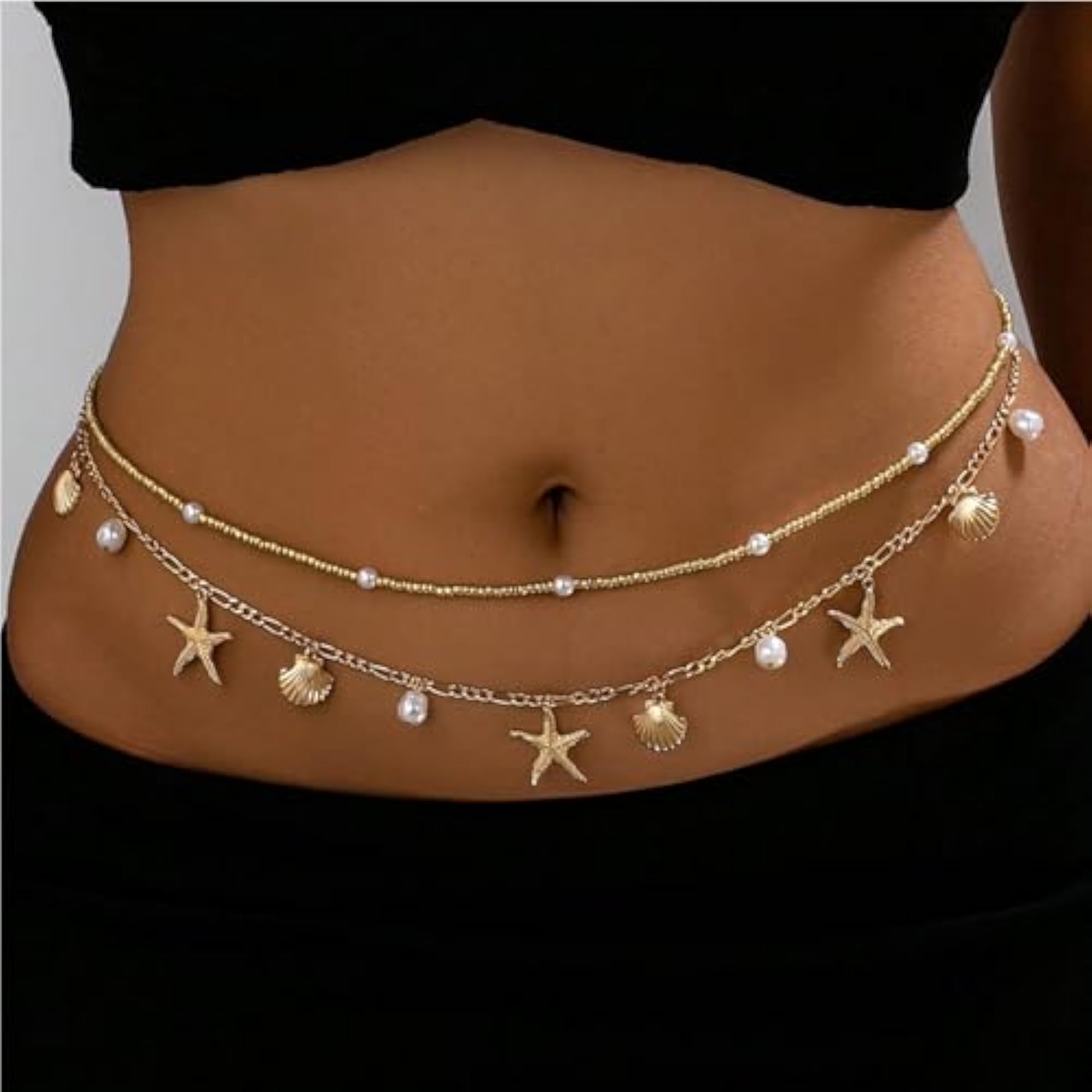 Women's Gold Plated Starfish & Seashell Waist Chain, Adjustable