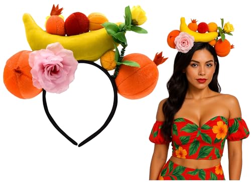 Nicky Bigs Novelties Tropical Fruit Banana Headband Colorful Luau Hair Accessory Plush Oranges Flowers Berries Carmen Miranda Costume Party Wear for Festivals Tiki Beach Safari Themes