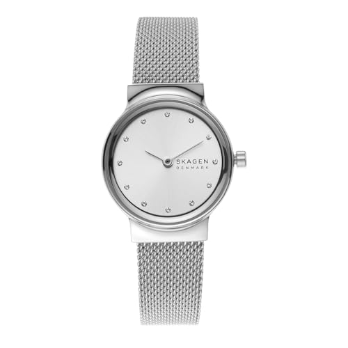 Skagen Orologio Freja Lille da donna, Movimento al quarzo a due lancette con cinturino in acciaio inossidabile o in pelle, 26 mm, Tono argento e bianco