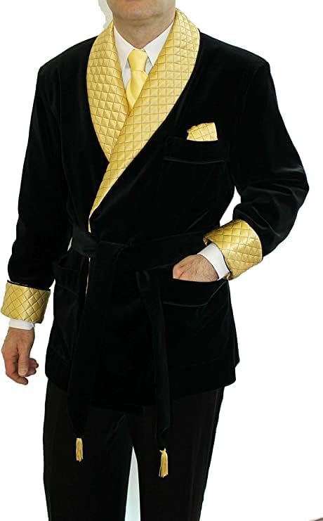 Men Smoking Gentlemen Jackets, Qulted Black Robe Dinner Jacket,Smoking House Party Coat Blazer - Main Image