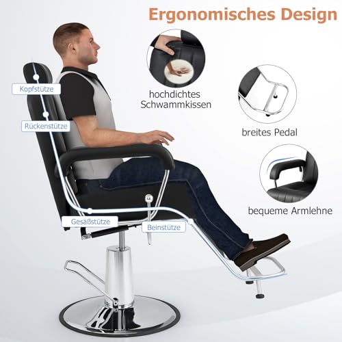 COSTWAY Friseurstuhl mit Kopfstütze & Rückenlehne, Hydraulikpumpe, Salonstuhl höhenverstellbar, Friseursessel 360° Drehung, Bedienungsstuhl belastbar bis 150kg