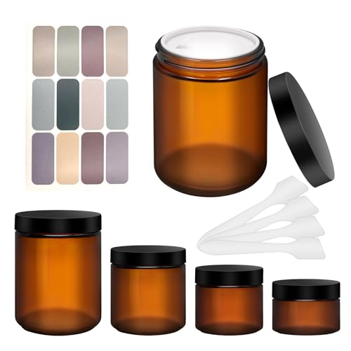 Amber Glass Jar with Lids 8oz 4oz 2oz and 1oz Glass Jars Cosmetic Glass Round Jars with Sticker and 4p Spatulas Reusable Travel Dark Glass Jars fit for Lotion/Creams/Cosmetic/Bulk candle - 4 Pcs