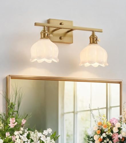 Image of 3-Light Vintage Bathroom Vanity Light, 19.4 inch Brass Hardwired Wall Sconce with Amber Tulip Glass Shades, Brushed Gold Vanity Light for Mirror, Restroom, Bedroom (White, 2-Light)