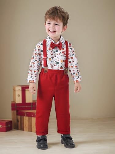 Image of Boarnseorl Baby Boys Pants Sets, Infant Long Sleeve Shirt + Pants + Bow Tie + Suspenders Outfits