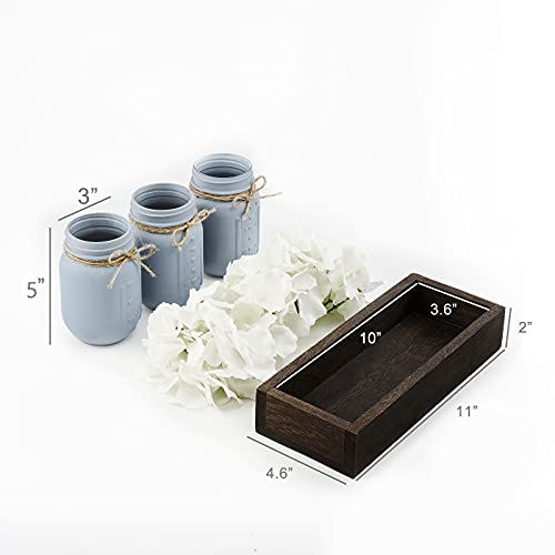 Mkono Mason Jar Centerpiece Decorative Wood Tray With 3 Painted Jars Artificial Flowers Rustic Country Farmhouse Fall Decor For Coffee Table Dining Room Living Room Kitchen,Grey Blue #TOP3