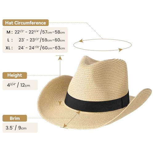 Image of Straw Cowboy Hat for Men Women Western Cowgirl Hats with Shapeable Wide Brim for Beach Sun Summer