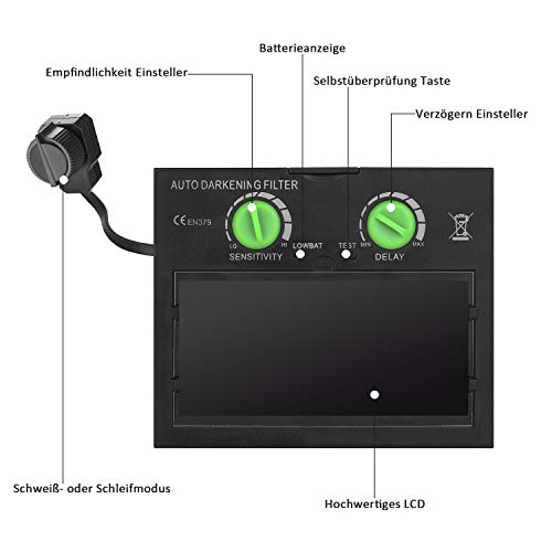 SHYOSUCCE Automatik Schweißhelm, Auto Darkening, Variable Abdunklung DIN 9-13, Solar Schweißmaske für MMA, MIG/MAG, Wig/TIG und Polieren, inkl. 5 Ersatzscheiben, Schwarz - Image 5