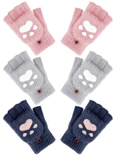 Bencailor 3 Pair Winter Fingerless Gloves Convertible Flip Top Gloves Cat Paw Mitten for Girl Kids Toddler Youth Teenagers(Light Gray, Pink, Navy Blue,over 15 Years,Paw Style)