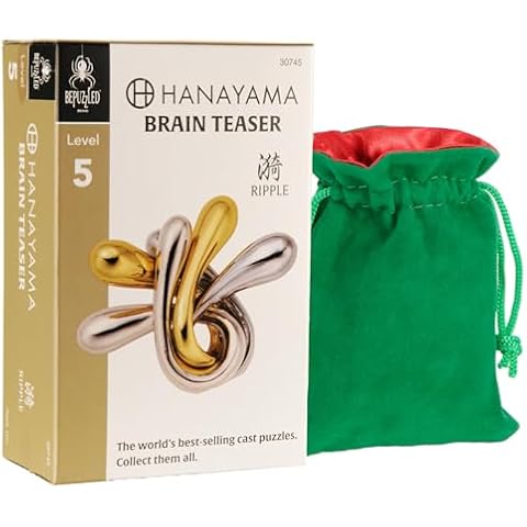 Deluxe Games and Puzzles Ripple Hanayama Puzzle, Level 5 Difficulty, New in 2024, with Green Velveteen/Red Satin Lined Drawstring Pouch Cover