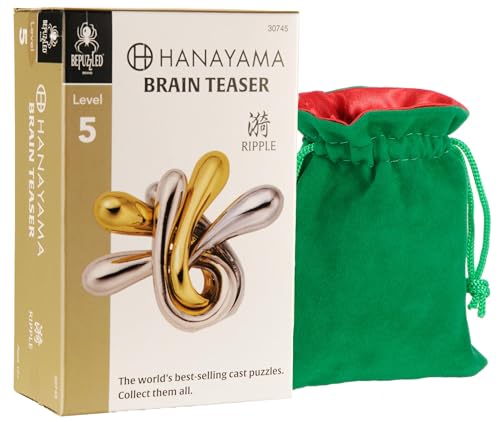 Deluxe Games and Puzzles Ripple Hanayama Puzzle, Level 5 Difficulty, New in 2024, with Green Velveteen/Red Satin Lined Drawstring Pouch