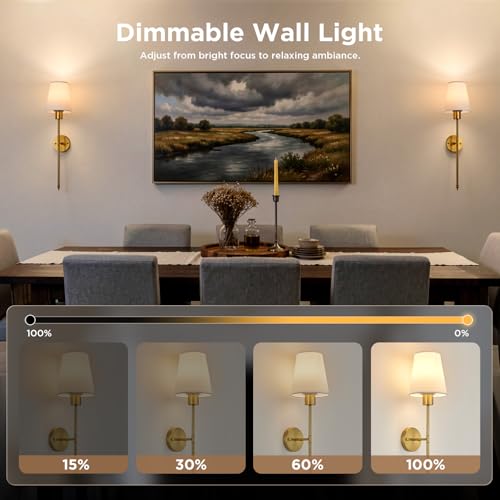 Image of Brightown Battery Operated Wall Sconces Set of Two,Gold Sconces Wall Decor | RGBWW Rechargeable Wall Lights with Dimmable Magnetic Bulbs & Remote, Wireless Wall Lamp for Living Room Bedroom Hallway