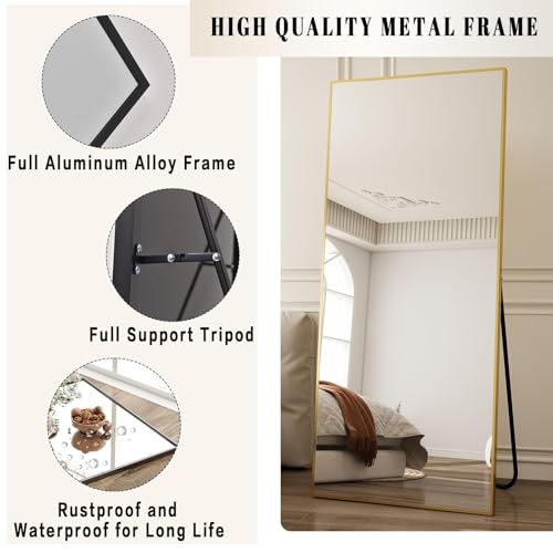 Image of BEAUTYPEAK Full Length Mirror, 58 inchx14 inch Standing Hanging or Leaning Against Wall Floor Mirrors Body Dressing Wall-Mounted for Living Room, Bedroom with Aluminum Alloy Thin Frame, Gold