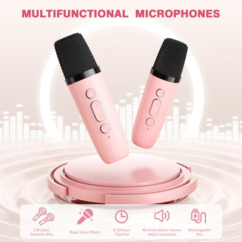 Mini Karaoke Machine with 2 Wireless Microphones, 2025 TOP Kids Portable Bluetooth Karaoke Machine for 3, 4, 5, 6, 7, 8, 9,10,11,12+Year Old, Christmas Birthday Gifts for Girls Boys Adults Home Party