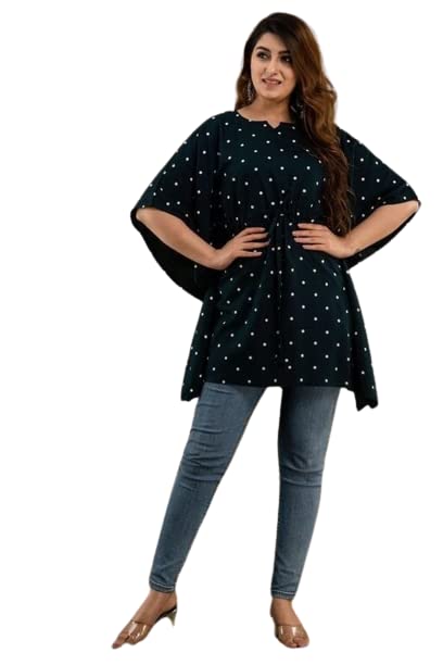 KEEP CARTWomen's Rayon Printed Polka Dot Kaftan Tops for Women Waist Tie Ups Dori Kimono Sleeves Kaftan Top