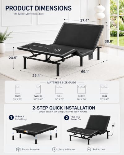 Image of Marsail Twin XL Adjustable Bed Frame with Massage and Remote,Electric Bed