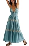 ebossy Women's Summer Boho Embroidered Daisy Maxi Dress Halter Shirred V Neck Backless Flowy Vacation Beach Sundress (Medium, Blue)