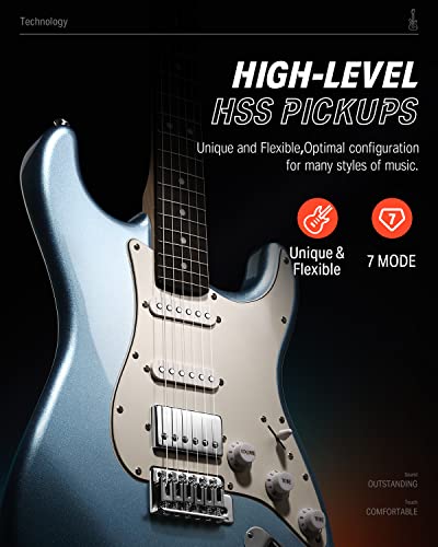 Image of Donner DST-152R Electric Guitar, 39 inch Beginner Electric Guitar Kit, HSS Pickup with Coil Split, Guitar Starter Set with Amp, Bag, All Accessories, Metallic Ice Blue