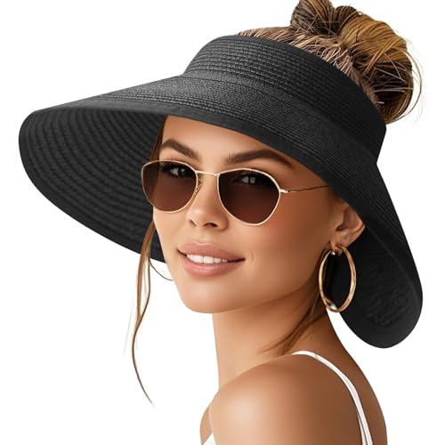 Image of NPQQUAN Sun Visor Hats for Women Wide Brim Ponytail Straw Beach Hat Packable Foldable UPF 50+ Floppy Travel Hats