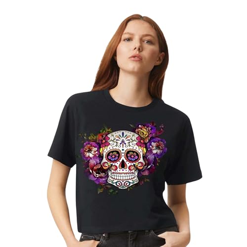 Sweet Gisele Sugar Skull V-Neck T Shirt Day of The Dead Rhinestones Bling for Women Black,Medium,Black