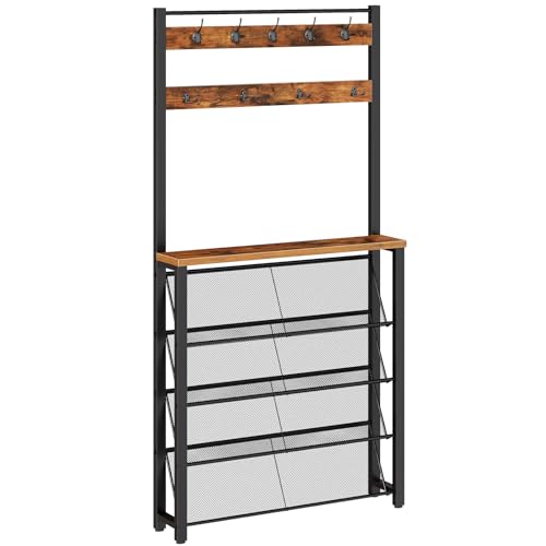 HOOBRO Hall Tree with Bench, Narrow Shoe Rack with Coat Rack, Coat Rack with Shoe Storage, 5 Tier Slanted Shoe Storage Organizer, Coat and Shoe Rack Entryway, Slim Hall Tree, Rustic Brown BF20MT01