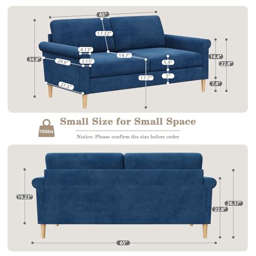 Vesgantti 65\" Blue Loveseat, Comfy Mid-Century Modern 2-Seat Sofa, No-Tool Assembly Small Couch for Living Room & Bedroom
