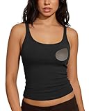 SUUKSESS Women Padded Cotton Ribbed Long Tank Tops Summer Going Out Basic Scoop Neck Cami Tops Sleeveless Casual Shirts (Black, XL)