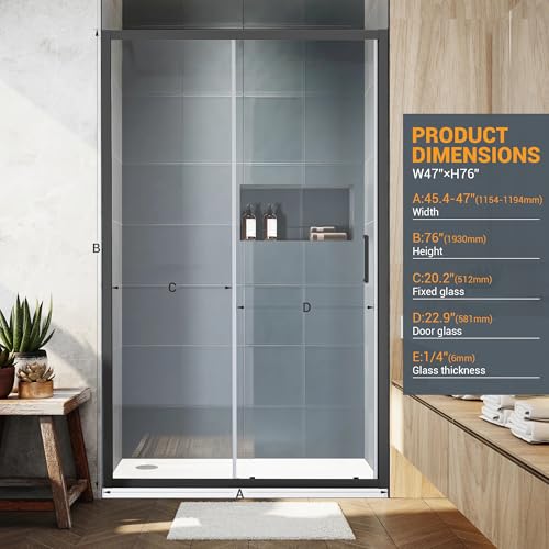 Bathroom Shower Glass Door 45.4\"-47\" W×76\" H, Single Sliding Shower Door Enclosure, 1/4\"(6mm) Thick Clear Tempered Glass Door, Matte Black Hardware