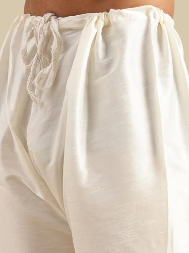 Image of SOJANYA Men's Silk Blend Cream Kurta and Pyjama With Daman Embroidered Nehru Jacket