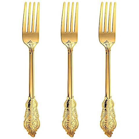 N9R 100Pcs Gold Plastic Forks, Solid, Durable and Heavy Duty Plastic Forks, Perfect Utensils for Parties, Weddings Cover