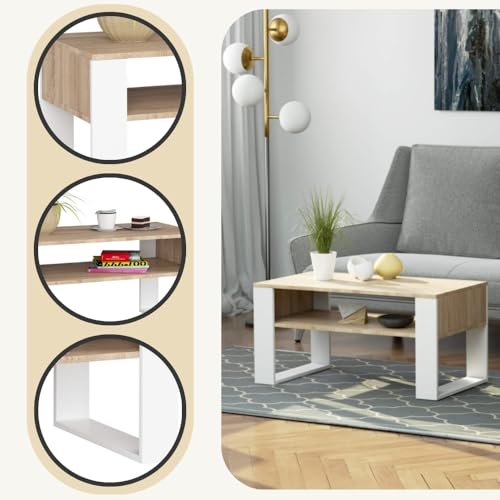 Table basse en panneau stratifié 16mm robuste chêne sonoma et pieds blancs - 6