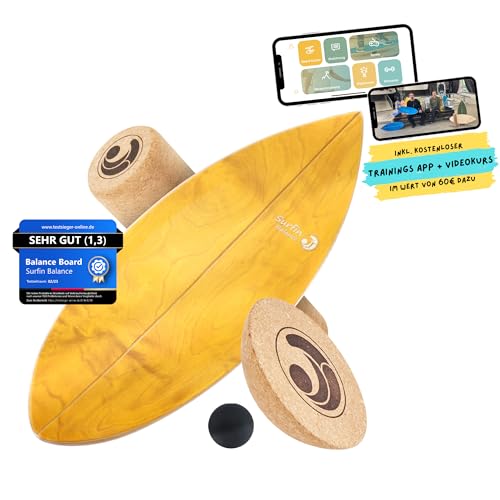Surfin Balance Board - einzigartiges Board inkl. Rolle Halbkugel und Balance Ball - Surf Balance Board - Gleichgewichtstraining - Balance Board Kinder - Balance Board Holz