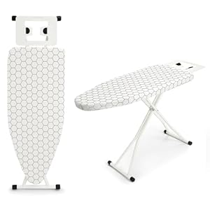 Trintion Bügelbrett 110 x 38 x 64-77 cm 6-Fach höhenverstellbar rutschfeste Gummifüße Baumwollbezug mit Bügeleisenablage Tischplatte Universalbügelbretter Bügelbrettablage (Weißes Quadratmuster)