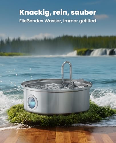 oneisall 7L Trinkbrunnen für Hunde, Edelstahl Hundebrunnen mit großem Sichtfenster, Wasserspender mit LED-Licht, Ultraleiser Pumpe mit Überlastschutz, 5-Schicht Filtration