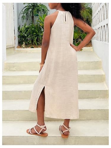 Floerns Girl's Pleated Halter Slit Midi Dress A Line Vacation Casual Loose Dresses3