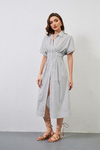 Image of Women Striped Button Down Shirt Maxi Dresses Summer Pleated Short Sleeve Collar Casual Corset Long Dress
