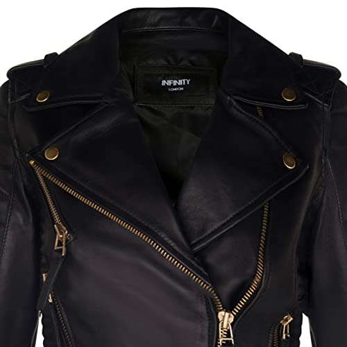 Ladies Leather Biker Jacket Quilted Matte Black Gold Zip Real Nappa Goth Fashion Moto Jacket4
