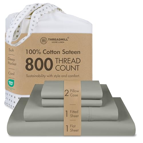 Threadmill Luxury 800 Thread Count King 100% Cotton Sheets - Moonrock Grey Sateen Weave Bed-Sheets, Better Than Egyptian Cotton, 4 Pc Solid Soft Bed Set, Fits 16" Deep Pocket
