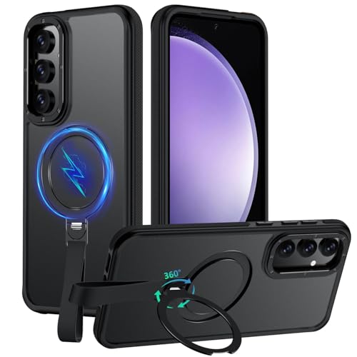 Mondelete 360°Spin Magnetic Stand with Silicone Strap for Samsung Galaxy S23 FE Case [Fit for MagSafe], Mil-Grade Protective Translucent S23 FE Phone Case with Kickstand & Ring Holder (Black)